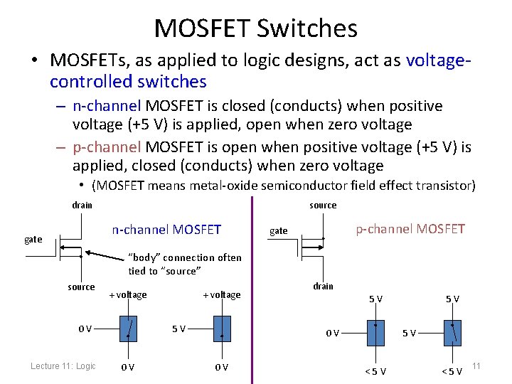 MOSFET Switches • MOSFETs, as applied to logic designs, act as voltagecontrolled switches –