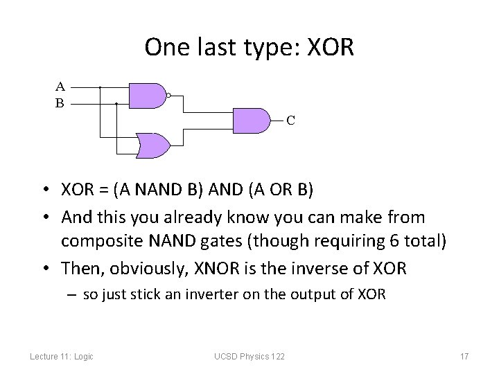 One last type: XOR A B C • XOR = (A NAND B) AND