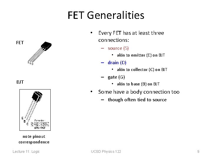 FET Generalities FET • Every FET has at least three connections: – source (S)