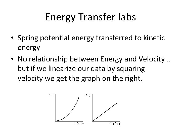 Energy Transfer labs • Spring potential energy transferred to kinetic energy • No relationship