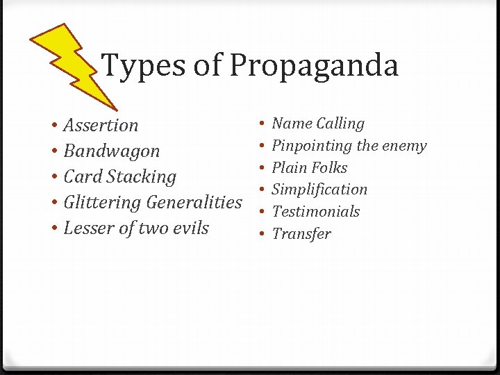 Types of Propaganda • • • Assertion Bandwagon Card Stacking Glittering Generalities Lesser of