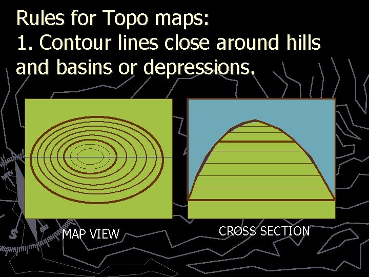 Rules for Topo maps: 1. Contour lines close around hills and basins or depressions.