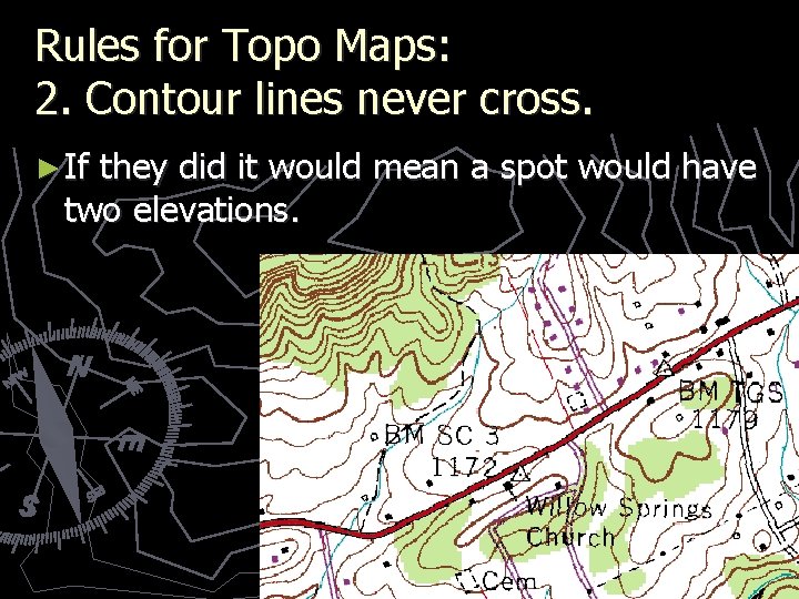 Rules for Topo Maps: 2. Contour lines never cross. ► If they did it