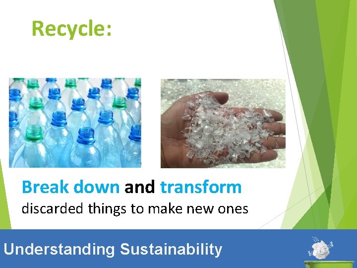 Recycle: Break down and transform discarded things to make new ones Understanding Sustainability 