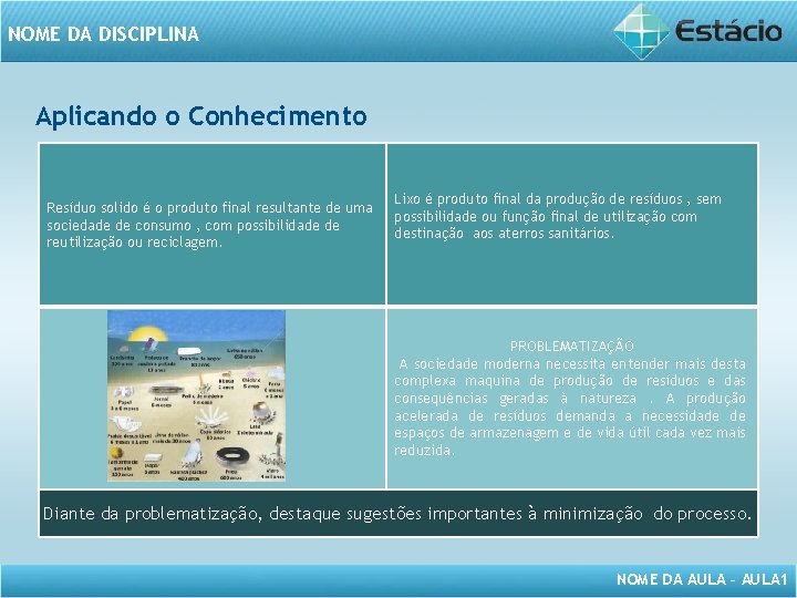 NOME DA DISCIPLINA Aplicando o Conhecimento Resíduo solido é o produto final resultante de