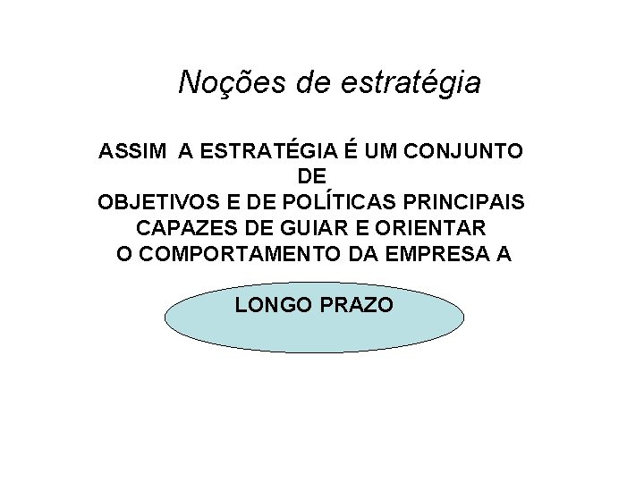 Noções de estratégia ASSIM A ESTRATÉGIA É UM CONJUNTO DE OBJETIVOS E DE POLÍTICAS