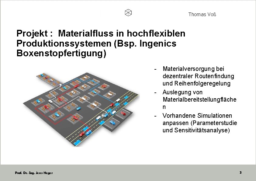 Thomas Voß Projekt : Materialfluss in hochflexiblen Produktionssystemen (Bsp. Ingenics Boxenstopfertigung) - Materialversorgung bei