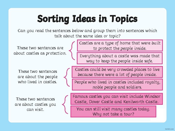 Sorting Ideas in Topics Can you read the sentences below and group them into