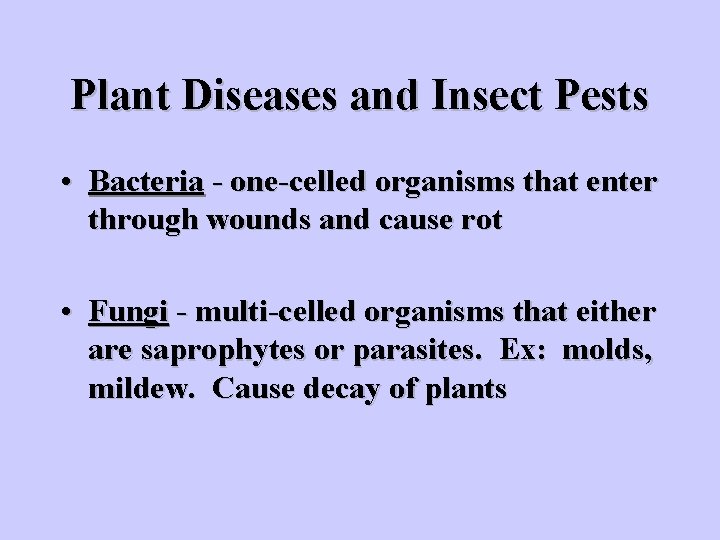 Plant Diseases and Insect Pests • Bacteria - one-celled organisms that enter through wounds