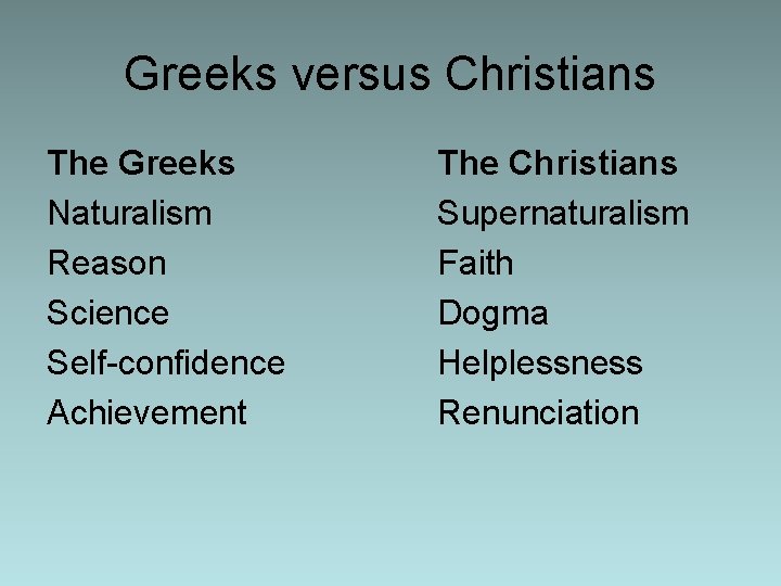Greeks versus Christians The Greeks Naturalism Reason Science Self-confidence Achievement The Christians Supernaturalism Faith Greeks versus Christians The Greeks Naturalism Reason Science Self-confidence Achievement The Christians Supernaturalism Faith