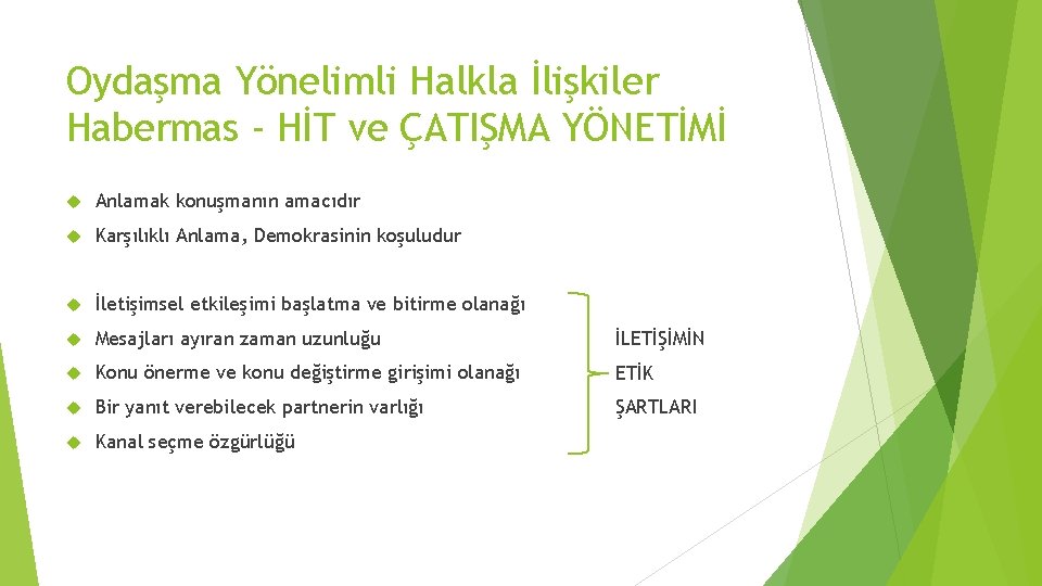 Oydaşma Yönelimli Halkla İlişkiler Habermas - HİT ve ÇATIŞMA YÖNETİMİ Anlamak konuşmanın amacıdır Karşılıklı