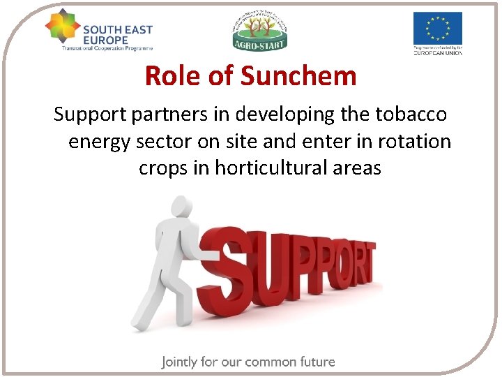 Role of Sunchem Support partners in developing the tobacco energy sector on site and