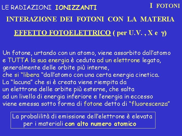 LE RADIAZIONIZZANTI I FOTONI INTERAZIONE DEI FOTONI CON LA MATERIA EFFETTO FOTOELETTRICO ( per