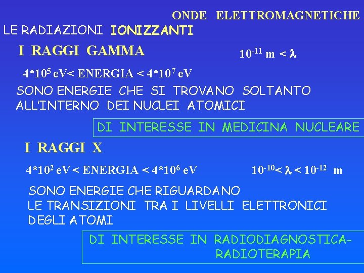 ONDE ELETTROMAGNETICHE LE RADIAZIONIZZANTI I RAGGI GAMMA 10 -11 m < 4*105 e. V<