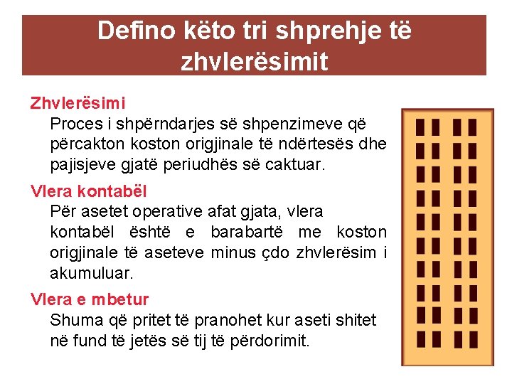 Defino këto tri shprehje të zhvlerësimit Zhvlerësimi Proces i shpërndarjes së shpenzimeve që përcakton