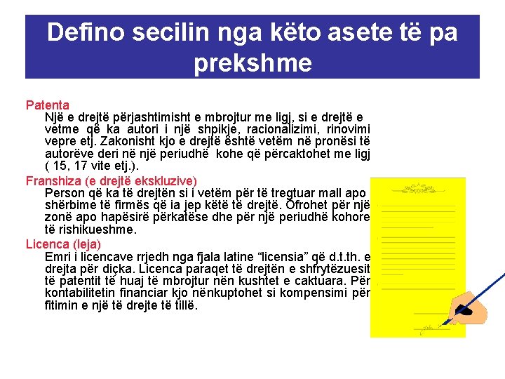 Defino secilin nga këto asete të pa prekshme Patenta Një e drejtë përjashtimisht e