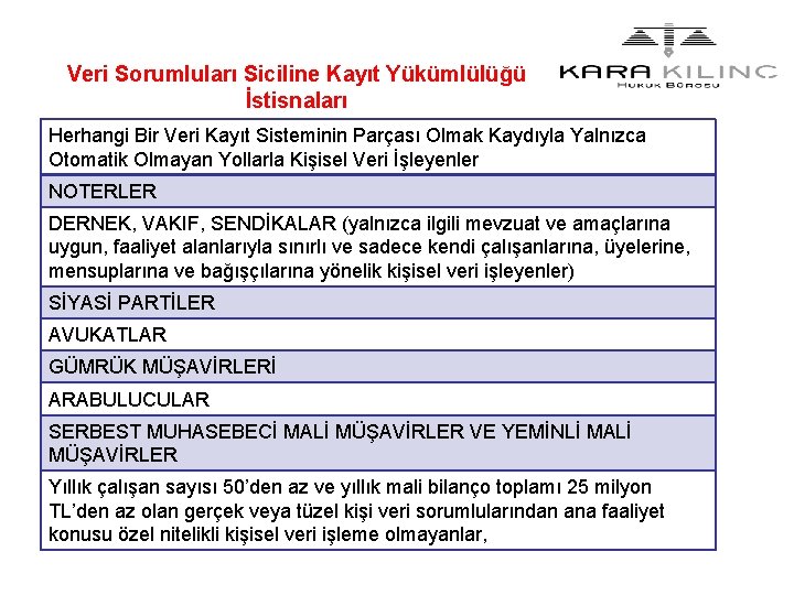 Veri Sorumluları Siciline Kayıt Yükümlülüğü İstisnaları Herhangi Bir Veri Kayıt Sisteminin Parçası Olmak Kaydıyla