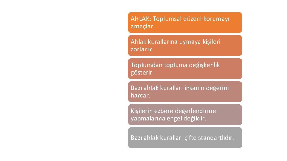 AHLAK: Toplumsal düzeni korumayı amaçlar. Ahlak kurallarına uymaya kişileri zorlanır. Toplumdan topluma değişkenlik gösterir.