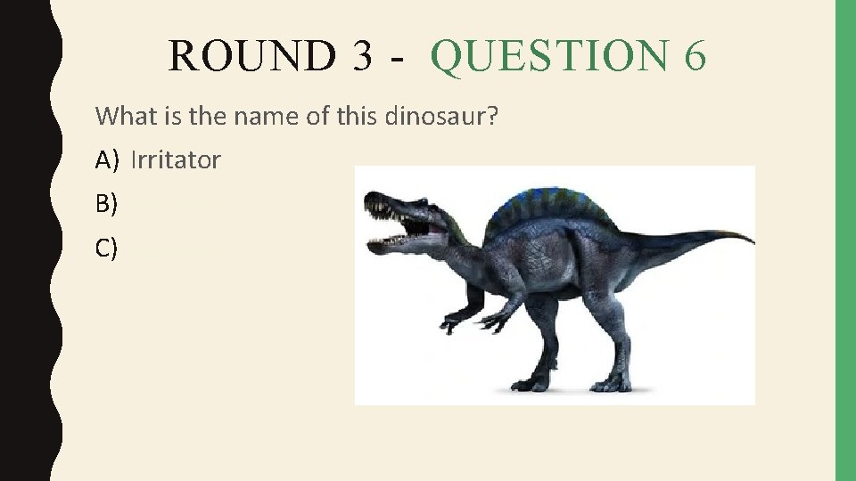 ROUND 3 - QUESTION 6 What is the name of this dinosaur? A) Irritator