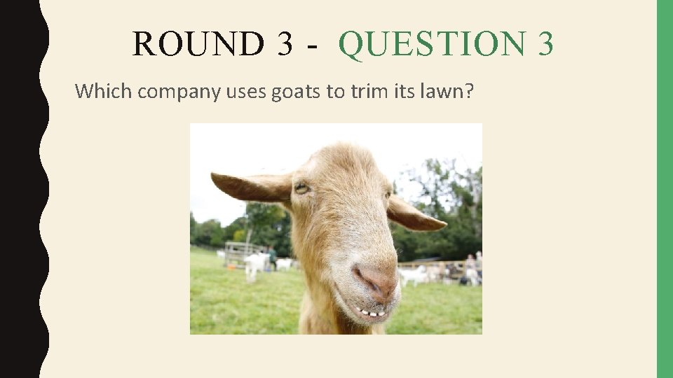 ROUND 3 - QUESTION 3 Which company uses goats to trim its lawn? 