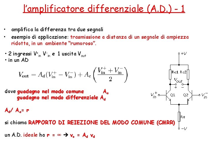 l’amplificatore differenziale (A. D. ) - 1 • • amplifica la differenza tra due