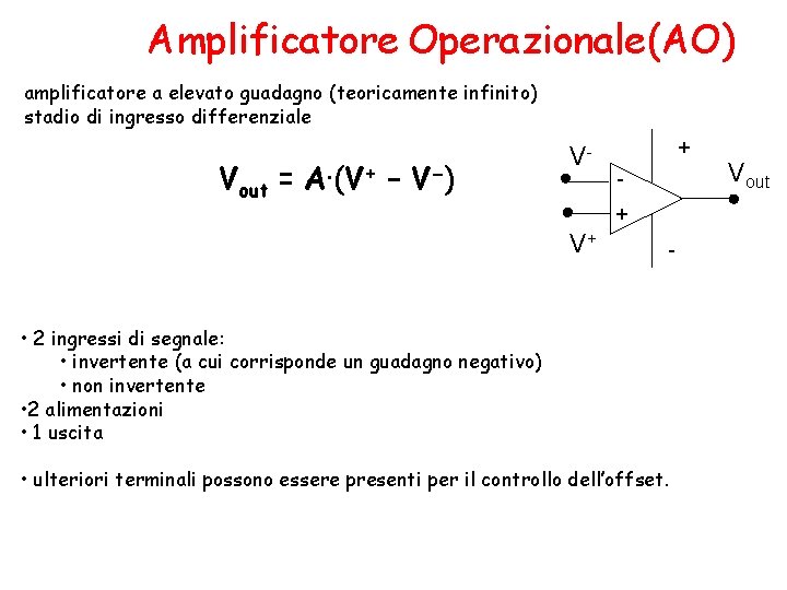 Amplificatore Operazionale(AO) amplificatore a elevato guadagno (teoricamente infinito) stadio di ingresso differenziale Vout =