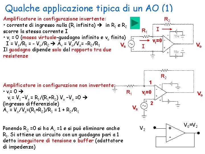 Qualche applicazione tipica di un AO (1) Amplificatore in configurazione invertente: • corrente di