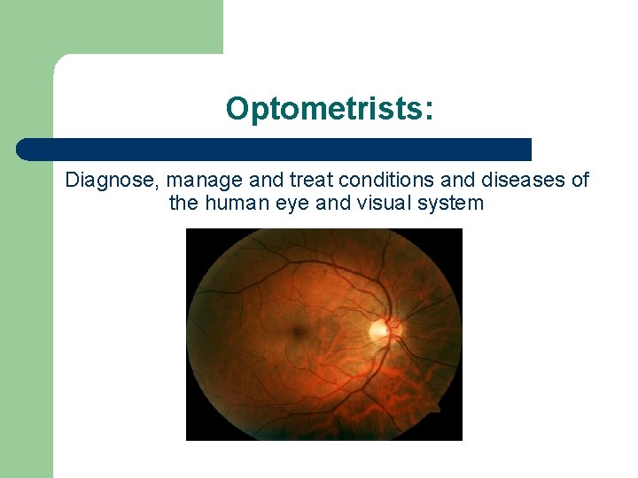 Optometrists: Diagnose, manage and treat conditions and diseases of the human eye and visual Optometrists: Diagnose, manage and treat conditions and diseases of the human eye and visual