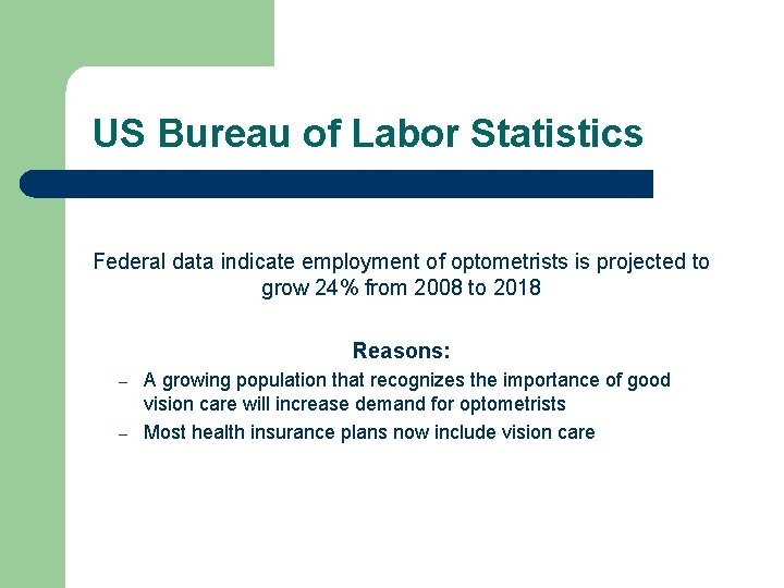 US Bureau of Labor Statistics Federal data indicate employment of optometrists is projected to US Bureau of Labor Statistics Federal data indicate employment of optometrists is projected to