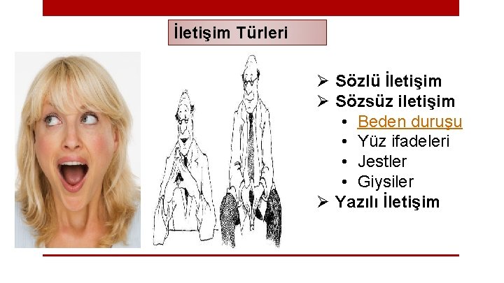 İletişim Türleri Ø Sözlü İletişim Ø Sözsüz iletişim • Beden duruşu • Yüz ifadeleri