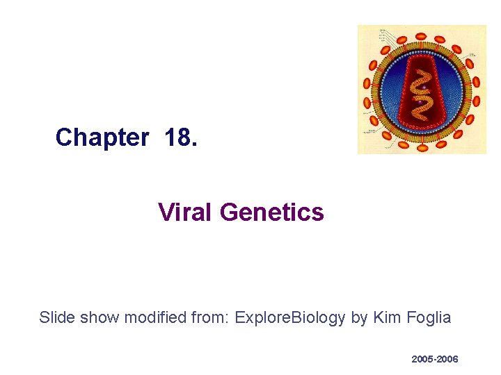 Chapter 18. Viral Genetics Slide show modified from: Explore. Biology by Kim Foglia 2005