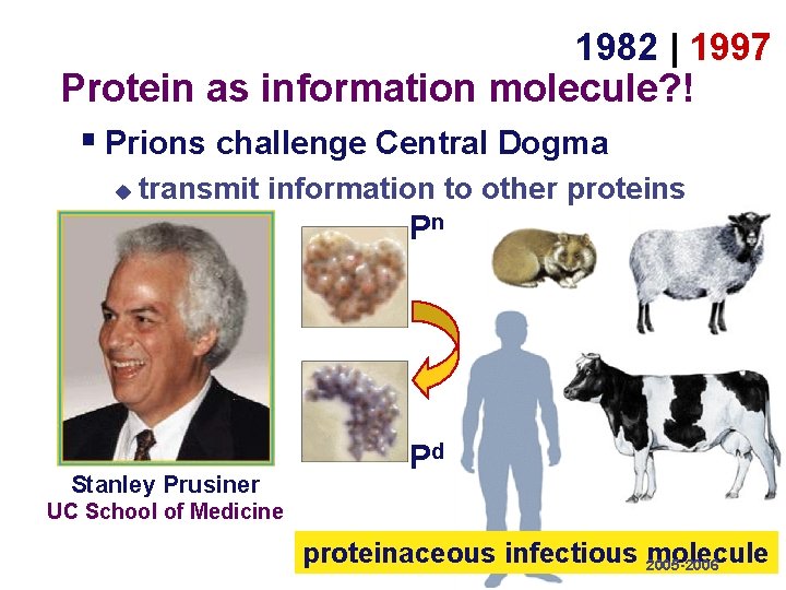 1982 | 1997 Protein as information molecule? ! § Prions challenge Central Dogma u