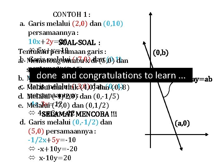 CONTOH 1 : a. Garis melalui (2, 0) dan (0, 10) persamaannya : 10