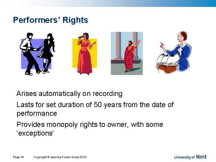 Performers’ Rights Arises automatically on recording Lasts for set duration of 50 years from Performers’ Rights Arises automatically on recording Lasts for set duration of 50 years from