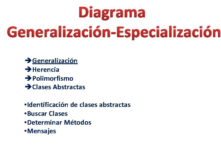 Diagrama Generalización-Especialización èGeneralización èHerencia èPolimorfismo èClases Abstractas • Identificación de clases abstractas • Buscar