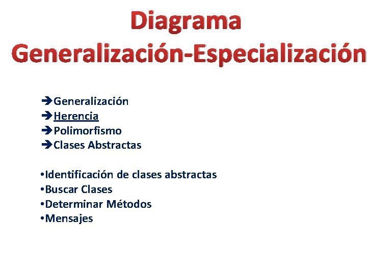 Diagrama Generalización-Especialización èGeneralización èHerencia èPolimorfismo èClases Abstractas • Identificación de clases abstractas • Buscar