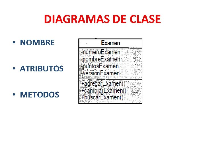 DIAGRAMAS DE CLASE • NOMBRE • ATRIBUTOS • METODOS 