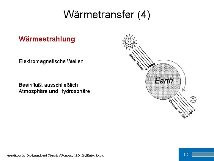 Wärmetransfer (4) Wärmestrahlung Elektromagnetische Wellen Beeinflußt ausschließlich Atmosphäre und Hydrosphäre Grundlagen der Geodynamik und