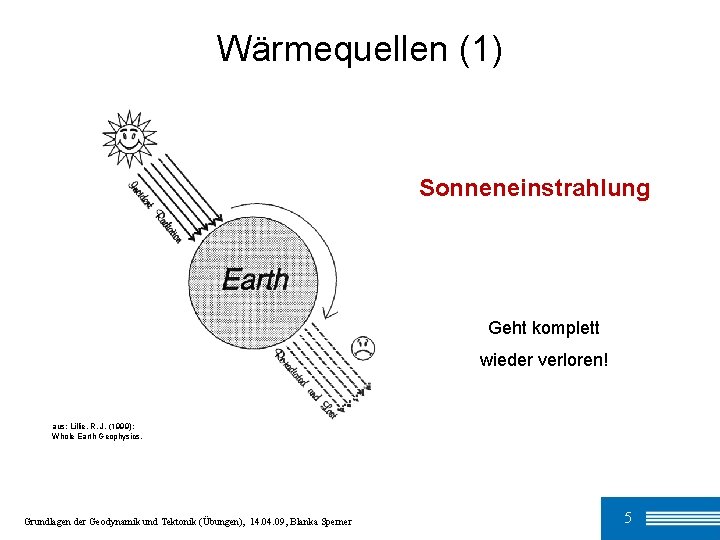Wärmequellen (1) Sonneneinstrahlung Geht komplett wieder verloren! aus: Lillie, R. J. (1999): Whole Earth