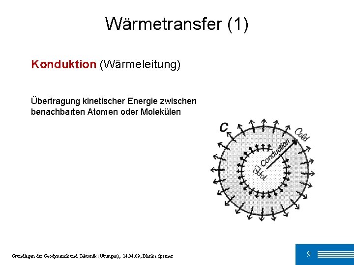 Wärmetransfer (1) Konduktion (Wärmeleitung) Übertragung kinetischer Energie zwischen benachbarten Atomen oder Molekülen Grundlagen der