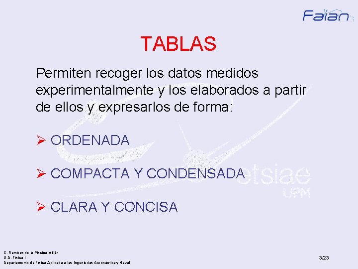 TABLAS Permiten recoger los datos medidos experimentalmente y los elaborados a partir de ellos