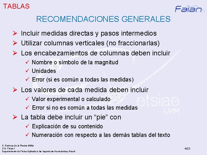 TABLAS RECOMENDACIONES GENERALES Ø Incluir medidas directas y pasos intermedios Ø Utilizar columnas verticales