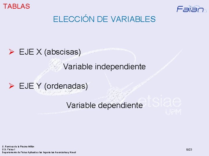 TABLAS ELECCIÓN DE VARIABLES Ø EJE X (abscisas) Variable independiente Ø EJE Y (ordenadas)