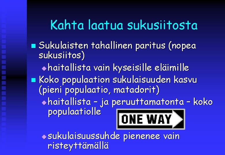 Kahta laatua sukusiitosta Sukulaisten tahallinen paritus (nopea sukusiitos) u haitallista vain kyseisille eläimille n