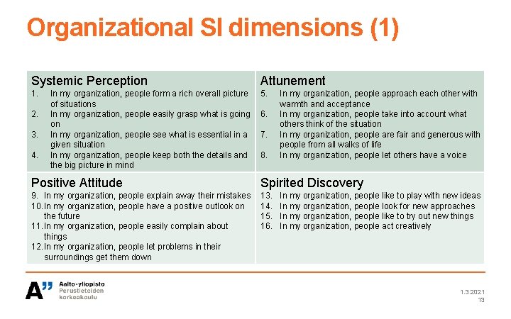 Organizational SI dimensions (1) Systemic Perception Attunement 1. 5. 2. 3. 4. In my