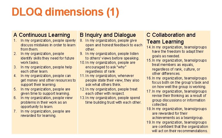 DLOQ dimensions (1) A Continuous Learning B Inquiry and Dialogue 1. In my organization,
