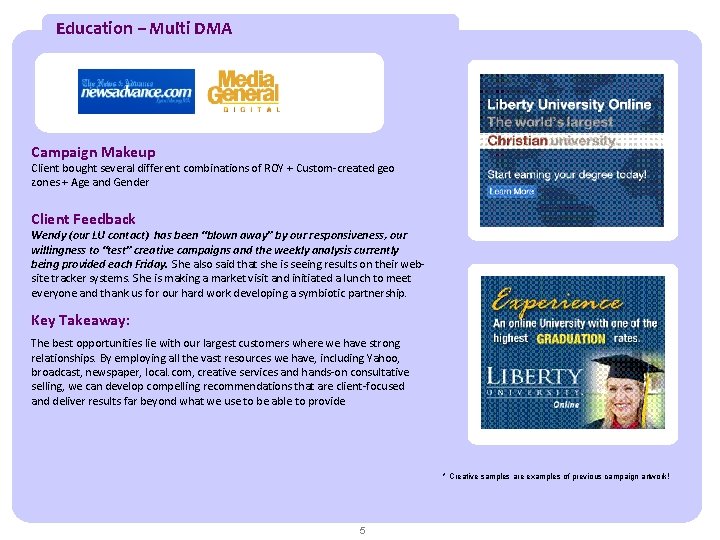 Education – Multi DMA Campaign Makeup Client bought several different combinations of ROY +