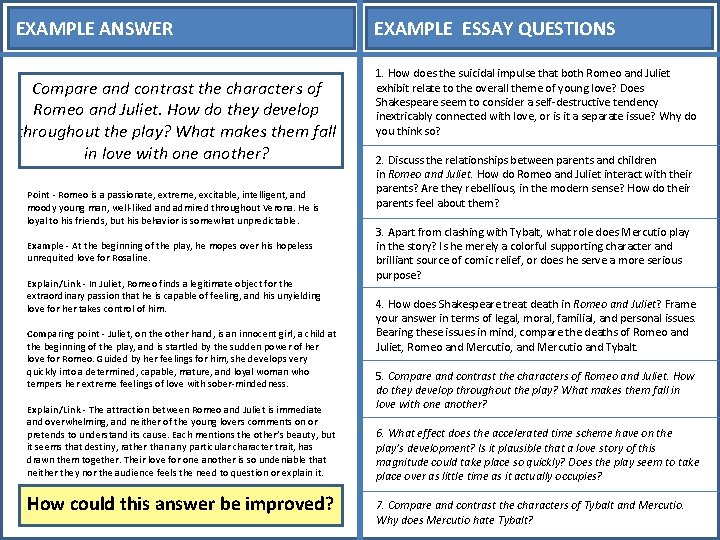 EXAMPLE ANSWER Compare and contrast the characters of Romeo and Juliet. How do they