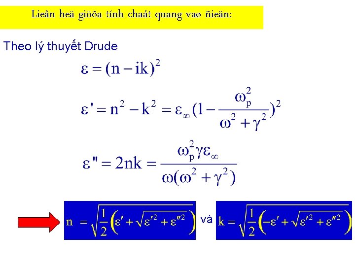 Lieân heä giöõa tính chaát quang vaø ñieän: Theo lý thuyết Drude và 