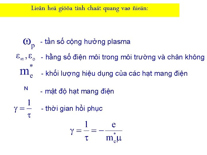 Lieân heä giöõa tính chaát quang vaø ñieän: - tần số cộng hưởng plasma
